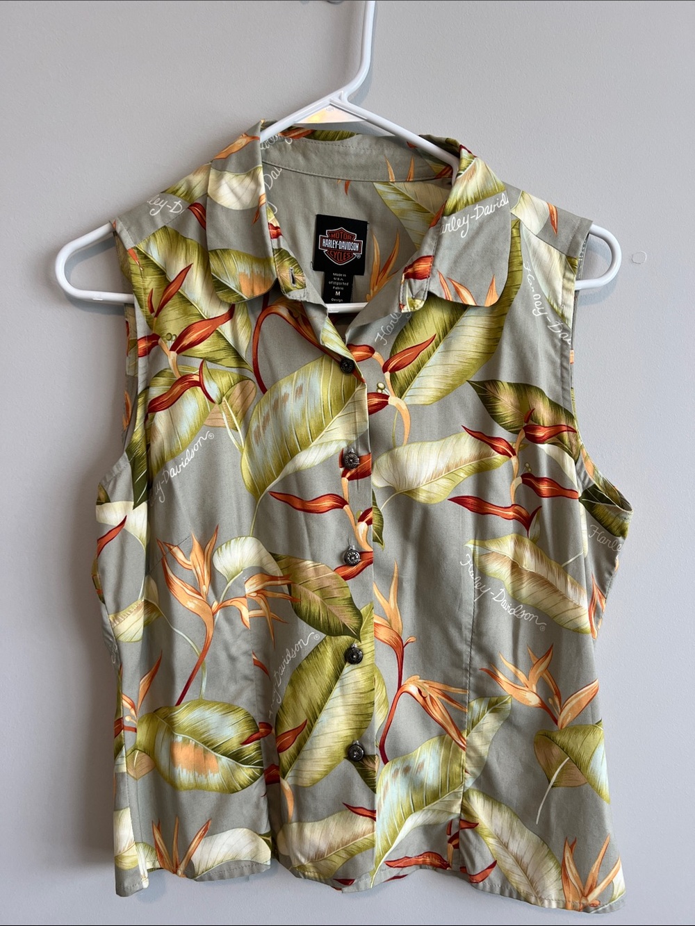 Harley-Davidson Women's Sleeveless Tropical Print Button-Down Top